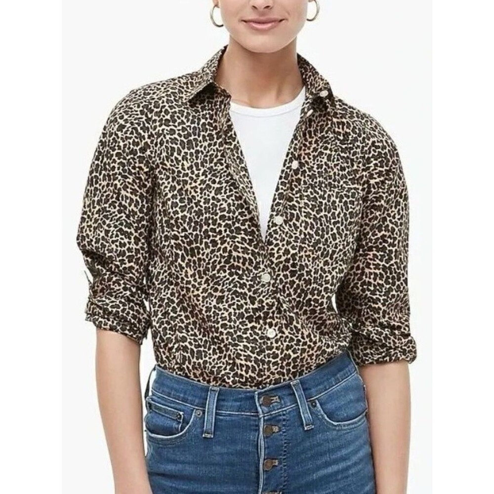 J. Crew Cotton Leopard Print Button-Up Shirt in Tan and Black